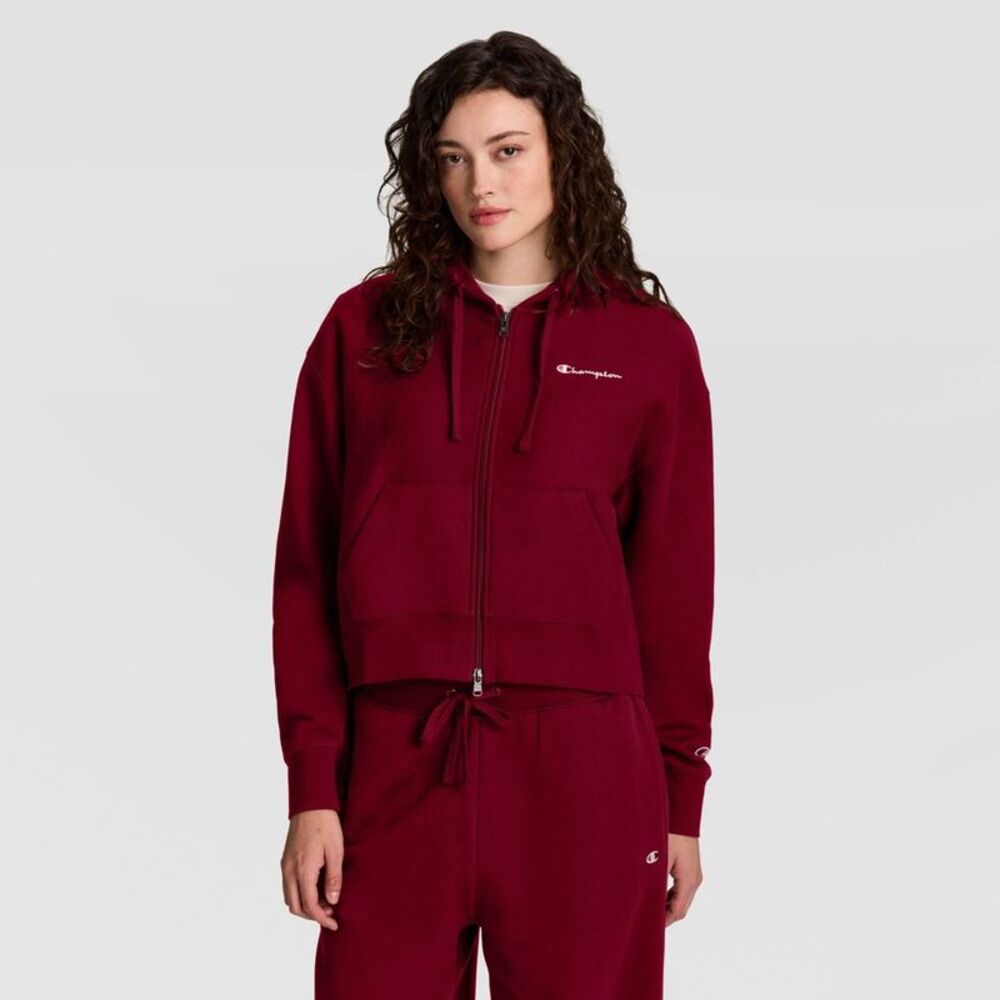 Champion Women's Cropped Hooded Fleece Zip-Up Hoodie - Cabernet M